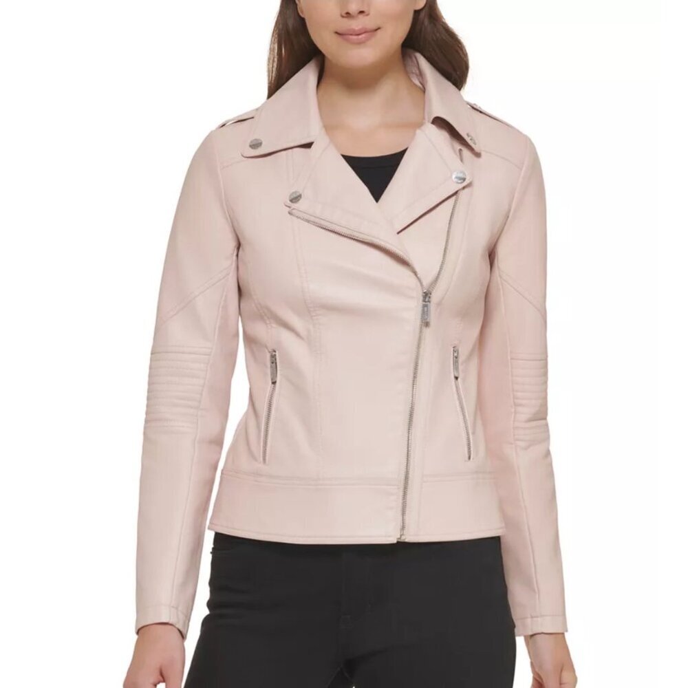 NWT Guess Dusty Pink Asymmetric Faux Leather Moto Jacket, Size Large